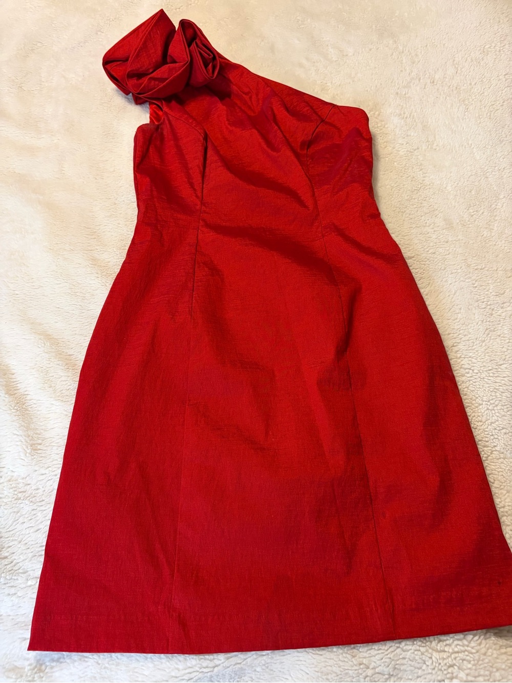 Cache Size 2 True Red One Shoulder Rosette Rose Event Dress Mid Length